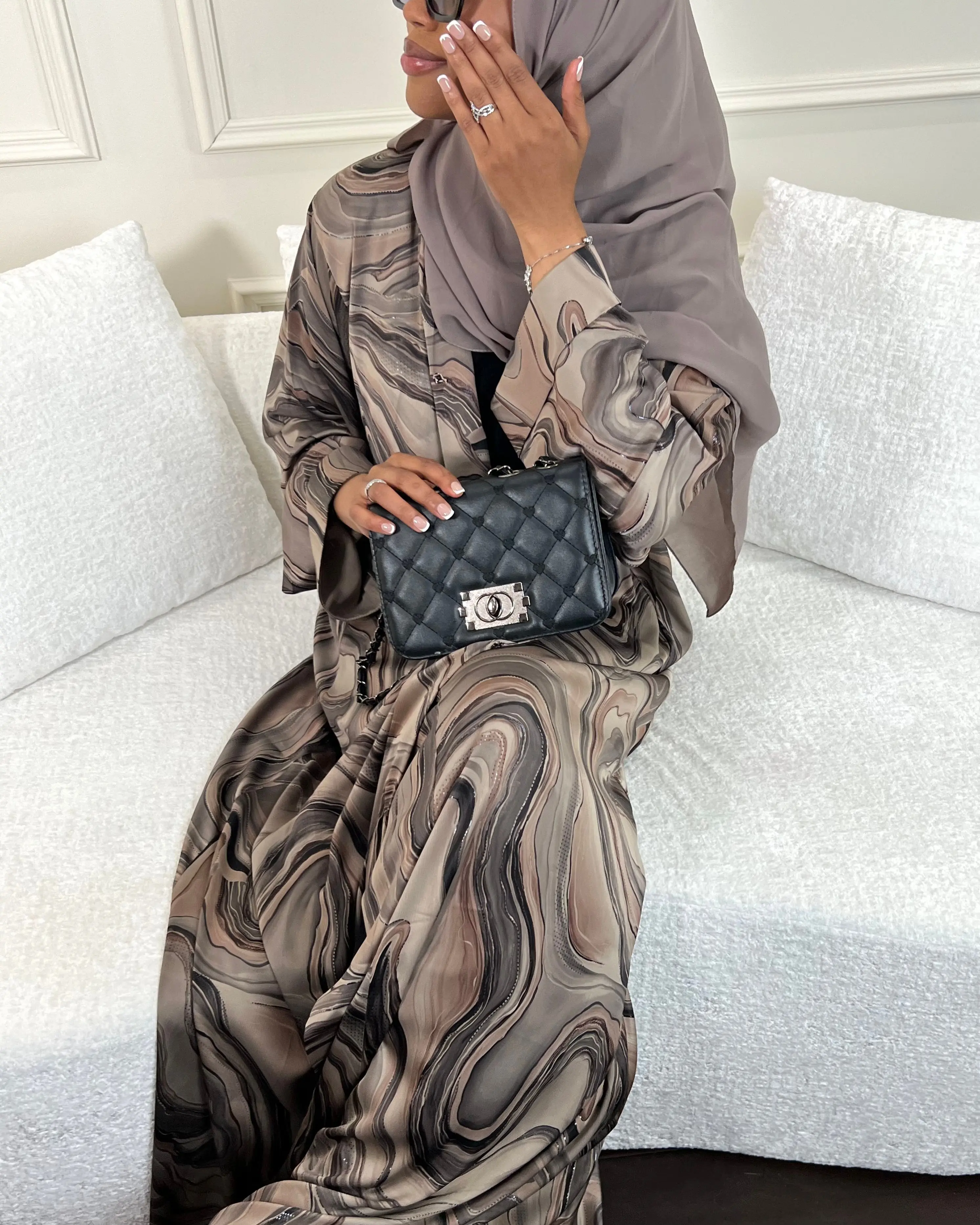 Salwa Open Satin Abaya | Luxury Marble Print