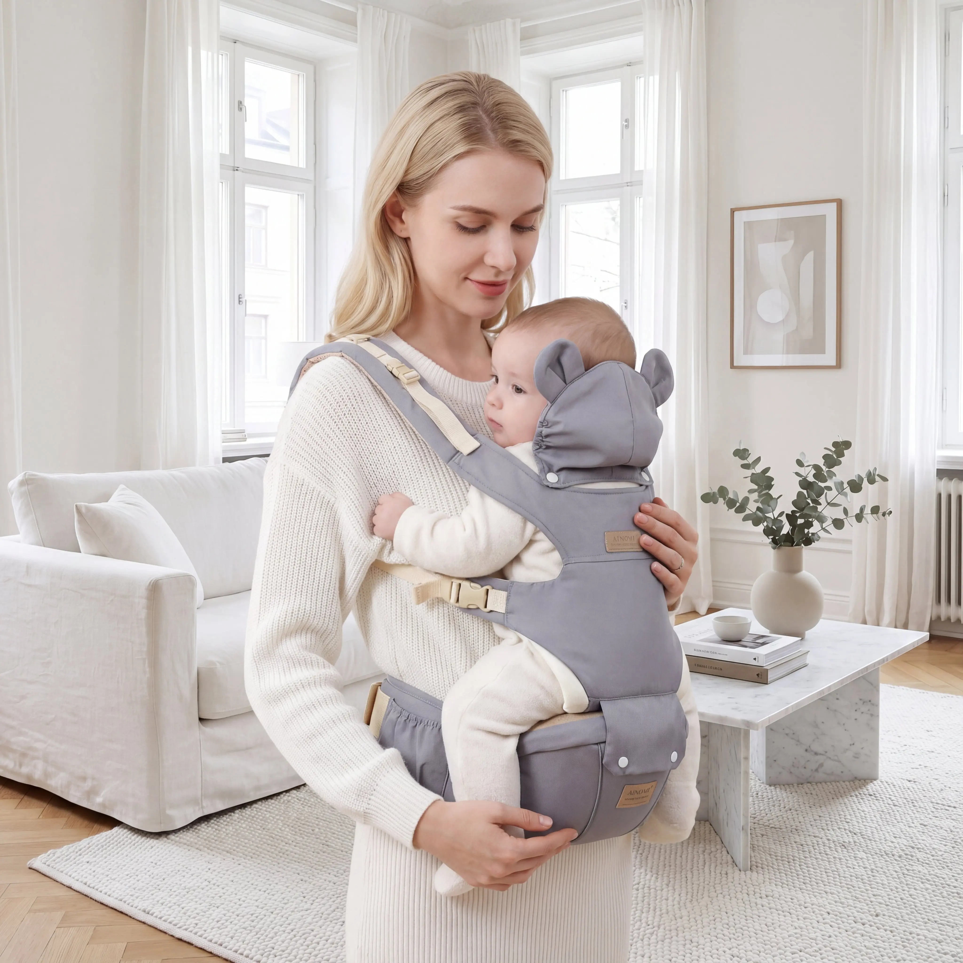 Ainomi 6-in-1 Safety-Certified Front-Facing Baby Harness Carrier, Adjustable Detachable All-Seasons Sling with Hip-Healthy Design, Logo Print, Lumbar Support, Lightweight for Newborns - Ideal for Shopping, Travelling, Harness Carrier Baby Carriers