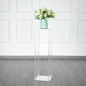 Acrylic Floor Vase Flower Stand with Square Mirror Base Clear - Decorative Wedding Column Centerpiece 32"