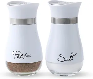Salt and Pepper Shakers Set - Salt Containers for Gifts, Kitchen Decor, , RV, Camp, BBQ, 4 oz Farmhouse  Dispenser with Glass Bottom, White, Set of 2