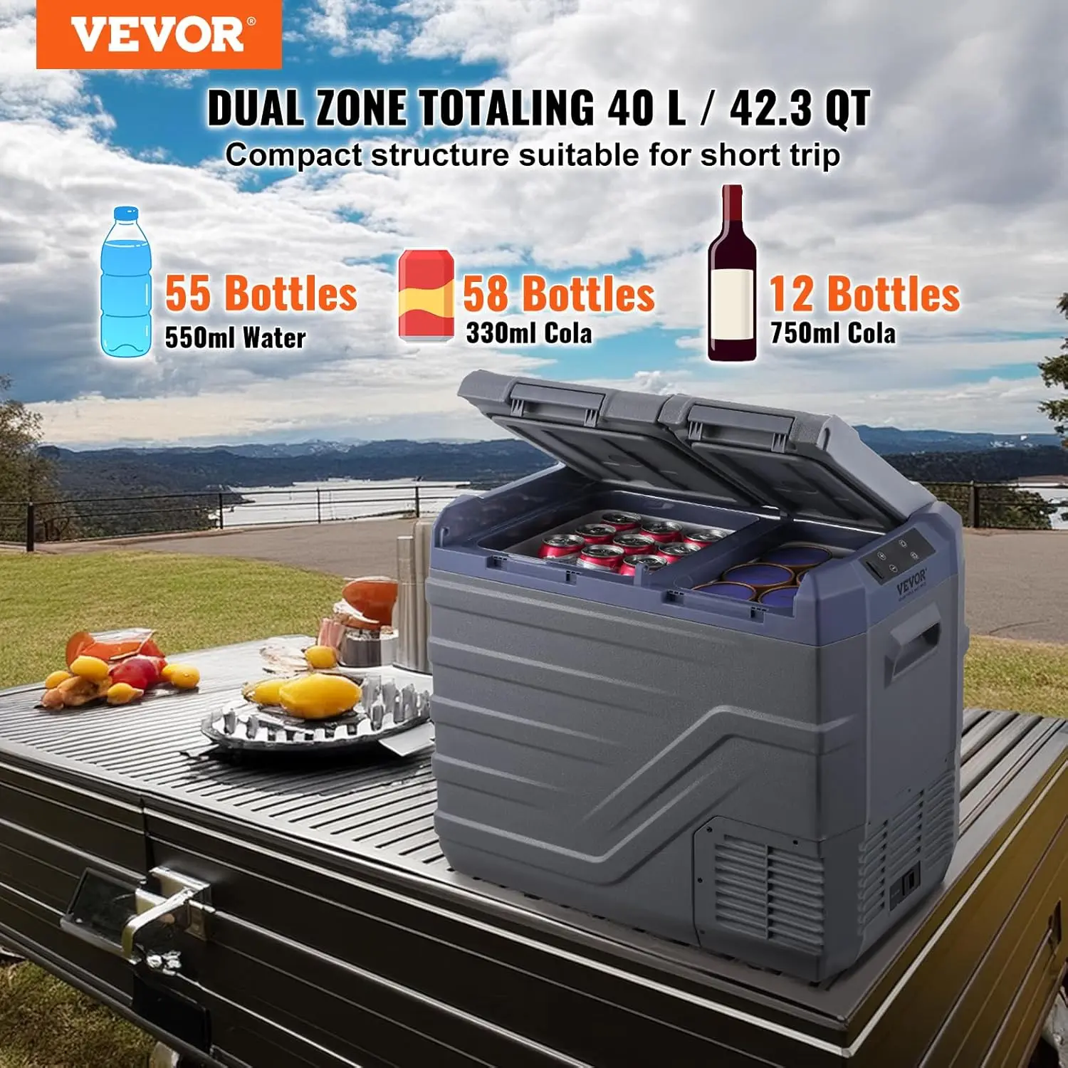 VEVOR 12 Volt Car Refrigerator, 40 L Dual Zone Car Refrigerator Fridge, Portable Freezer,-4℉ to 68℉ Adjustable Range, 12/24V DC and 100-240V AC Compressor Cooler for Outdoor, Camping, RV