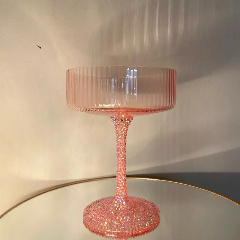 Pink Rhinestone Ribbed Martini Glass