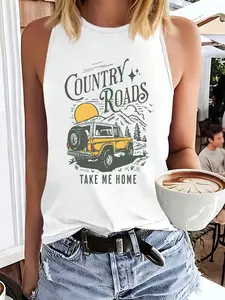 Women's Summer Casual Loose-Fitting Tank Top with Jeep Pattern, Soft and Comfortable Home Essential for All Seasons Womenswear Lady