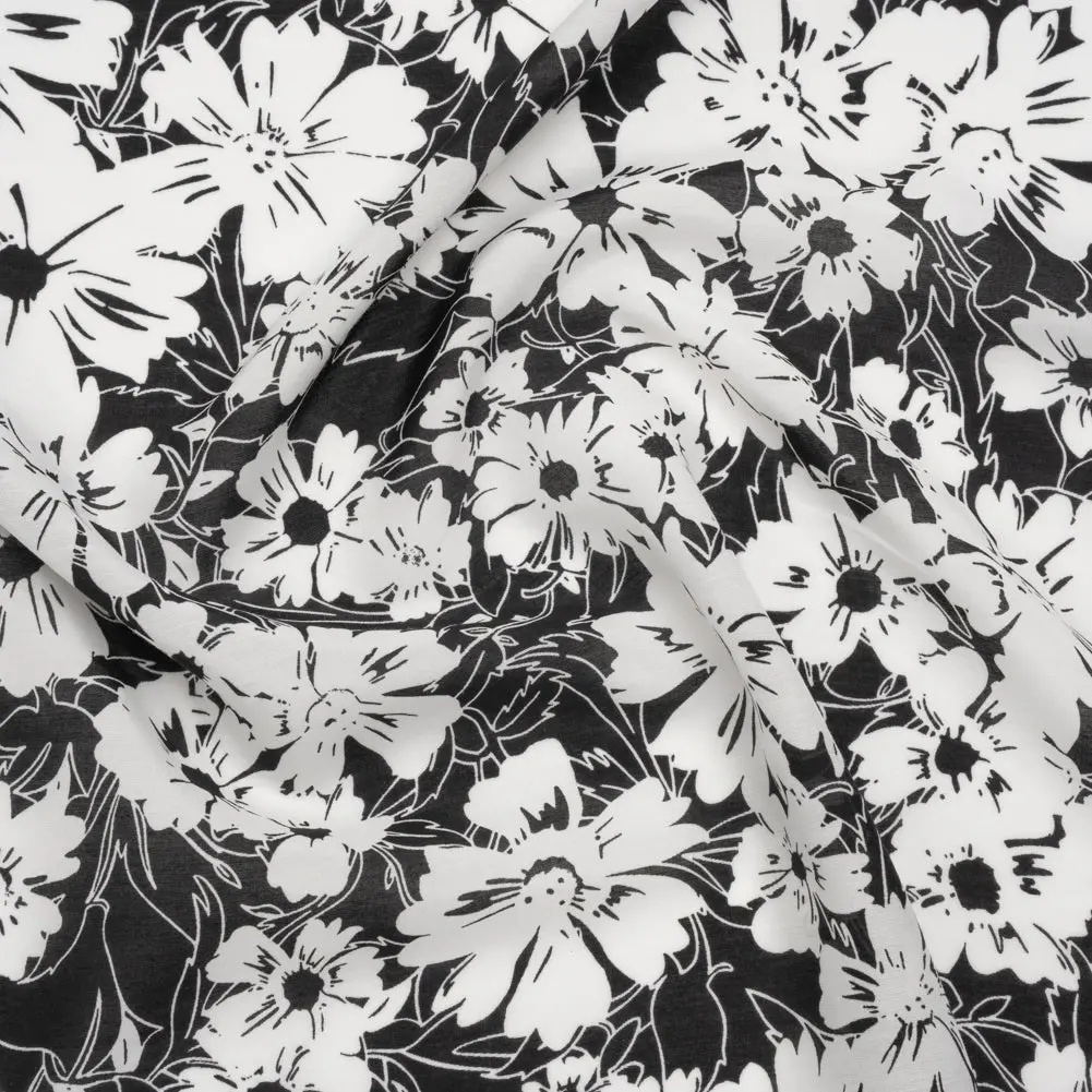 Silk and Cotton Voile Print - Black and White Florals - Deadstock