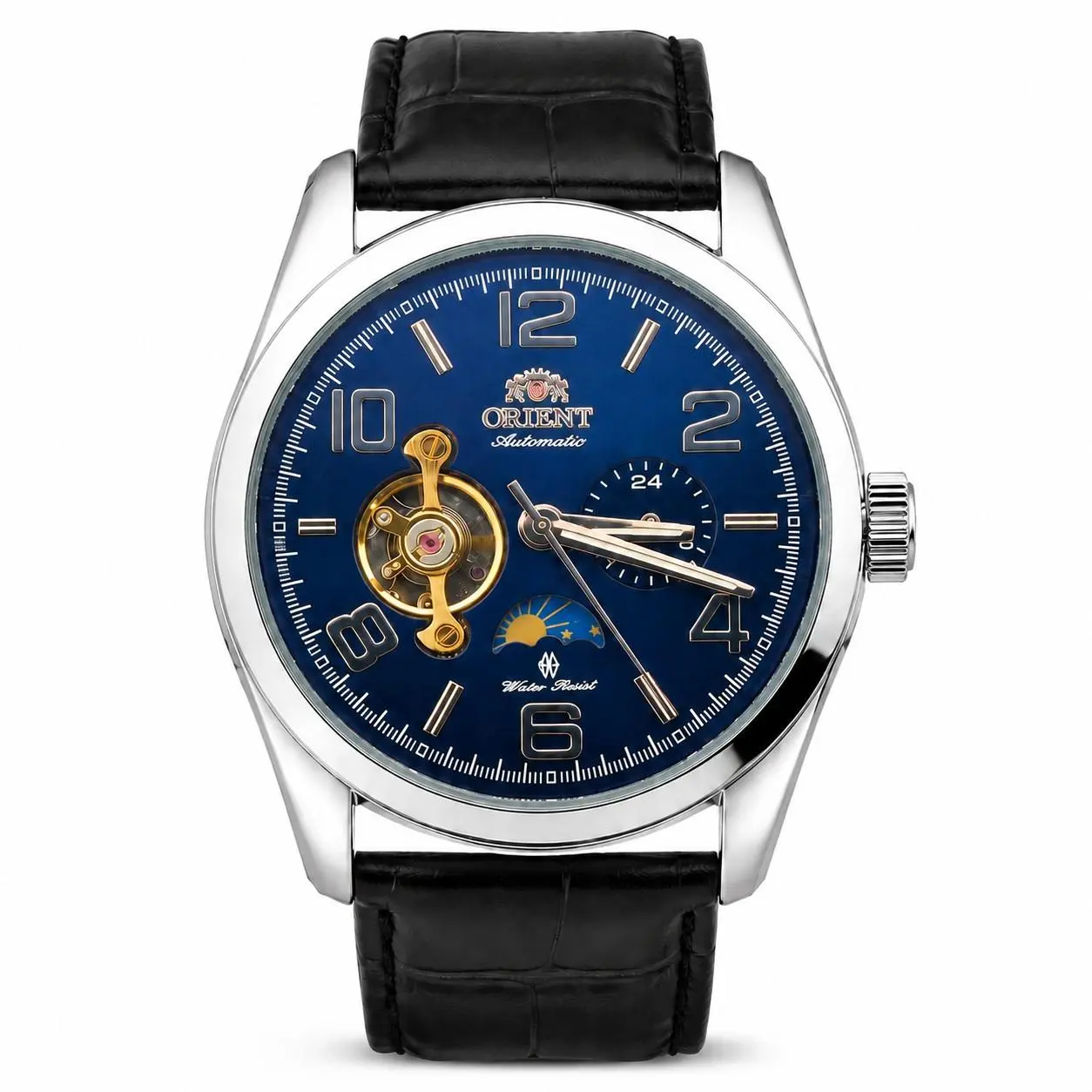 Men's Vintage Automatic Skeleton Mechanical Dress Watch - Cream Dial, Golden Open-Heart Movement, Moon-Sun Phase Display, 24-Hour Sub-Dial, Brown Crocodile-Embossed Leather Strap, Water-Resistant Premium Gentlemen's Gift