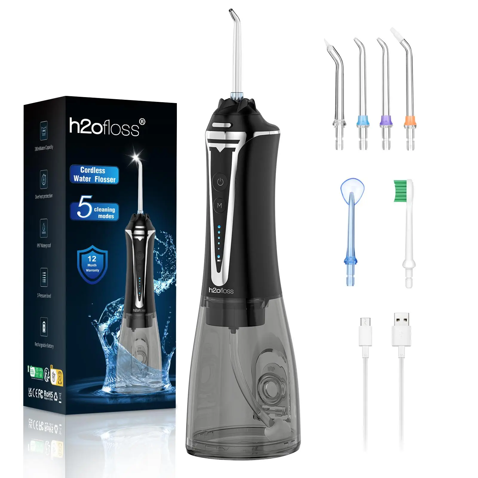 h2ofloss Water Dental Flosser -5 Modes Portable Oral Irrigator Braces Rechargeable & IPX7 Waterproof Teeth Cleaner for Home Travel P11