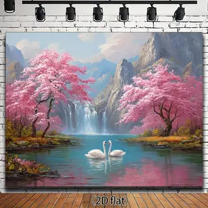 2D Flat, 1pc Japanese-Inspired Cherry Blossom & Swan Waterfall Backdrop - Pink Sakura Trees, White Swans, Mountain Lake Scene - Self-Adhesive Wallpaper-like Decoration for Wedding, Birthday, Ph
