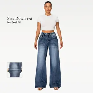New[Plus Size]Women Super Stretchy High Rise Wide Leg Jeans Minimalist Comfort Denim Pants Tummy Control BBL Regular Size Can be used with raincoat
