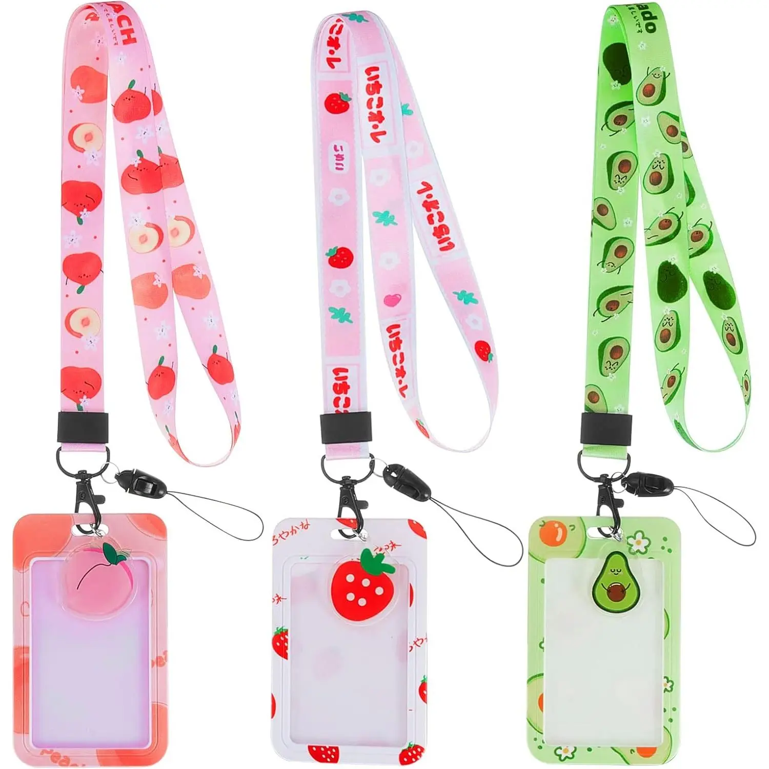 L-NKL005 3 Packs Teacher Lanyard with Cute ID Cardholder Case Detachable Lanyards Strawberry Peach Avocado Strap with Clip Badge Holders Neck Keychain for Back to School Supplies