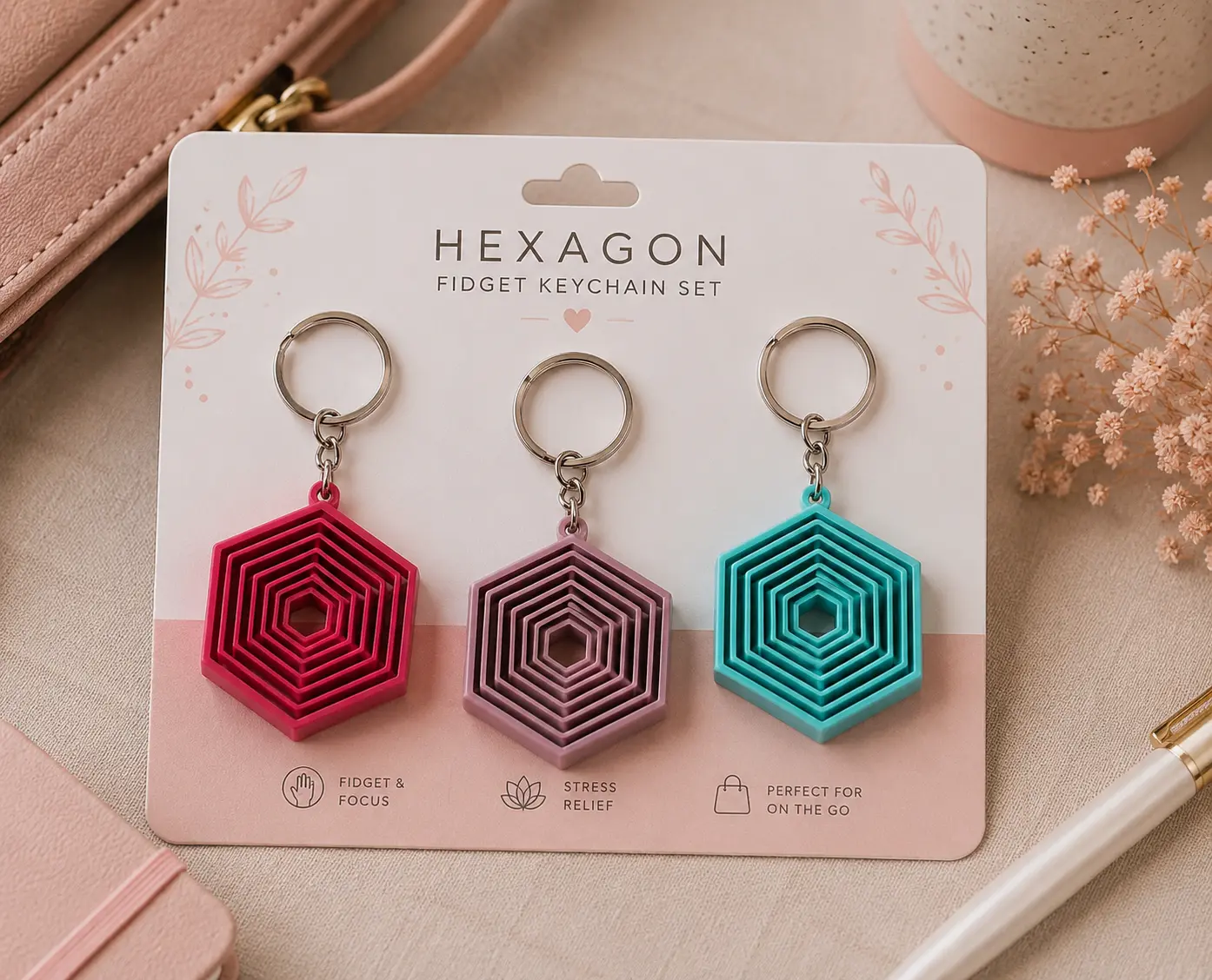 Hexagon Fidget Keychain Set of 3, Sensory Keychain Bundle, Anxiety Relief Keychains, ADHD Fidget Toy, 3D Printed Stress Relief Gift