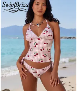 Briza｜Pink Gingham Cherry Print Halter Tankini Swimsuit for Women Two Piece Bathing Suit Tie-Side Bottoms Slinky Tank Top Cute Retro Swimwear Beach Pool Vacation Summer Resort Cruise Wear, Women's Swimwear, Bathing Suit for Women, Bikini Set