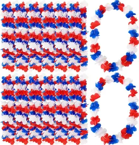 24 Pack Patriotic Leis Red White and Blue Flower Leis, 4th of July Garlands Hawaiian Luau Flower Necklaces Bulk for Fourth of July, Memorial Day, Independence Day Decorations Party Favors