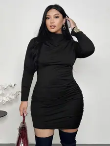 【Plus Size】1 Piece Women's Black Turtleneck Ruched Bodycon Dress, Elegant Party Style, Stretchy Fabric & Figure-Hugging Fit, Highlights Curves Beautifully, Suitable for Women's Night Events, Dinner Dates & Cocktail Parties