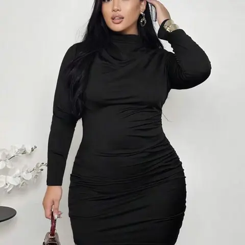 [Plus Size]1 Piece Women's Black Turtleneck Ruched Bodycon Dress, Elegant Party Style, Stretchy Fabric & Figure-Hugging Fit, Highlights Curves Beautifully, Suitable for Women's Night Events, Dinner Dates & Cocktail Parties, Date Night Outfit