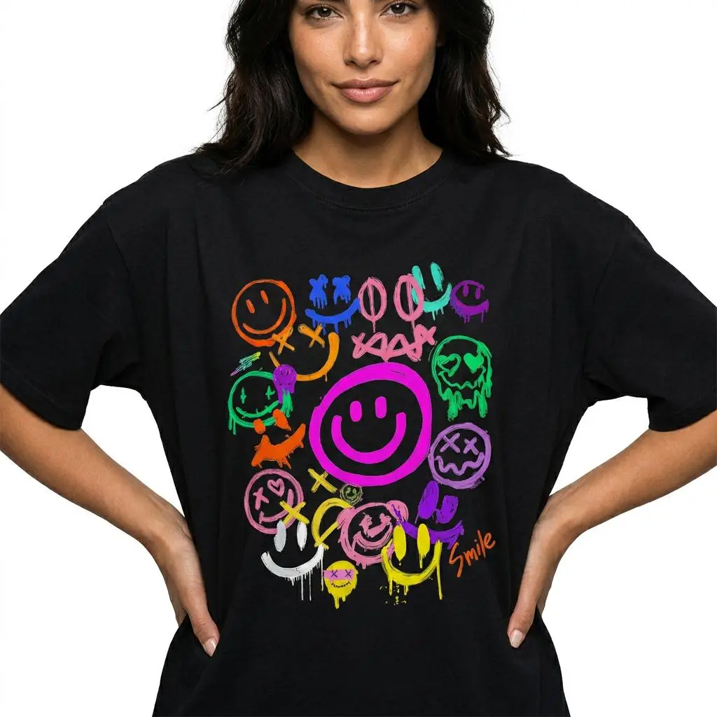 Colorful Smiley Face Graphic Tee Women Y2K Aesthetic Retro Smile Shirt Plus Size