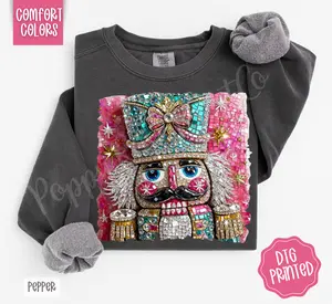Faux Rhinestone Nutcracker Comfort Colors Sweatshirt, Trendy Women's Christmas Crewneck