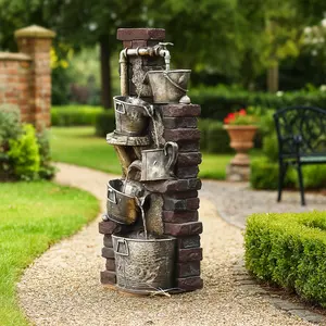 YZM Retro 5-Bucket Industrial Style Flowing Waterfall with LED - Indoor/Outdoor Garden & Courtyard Landscape Decoration