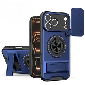 Phone Case: 3pcs Set[1 Phone Case+2 Screen Protectors] Luxury Multi-Functional Creative Push Window Rotating Ring Stand Phone Case Compatible with iPhone 17 16 15 14 13 12 11 Pro Max Plus Durable Fashion Magnetic Wireless Charging Shockproof Lens
