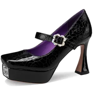 TDD Platform Heels for Women Patent Leather Square Toe Closed Toe Chunky Block Pumps Comfortable Dressy Wedding Elegantes Wide Comfortable Tacones 4 Inch High Heels 107