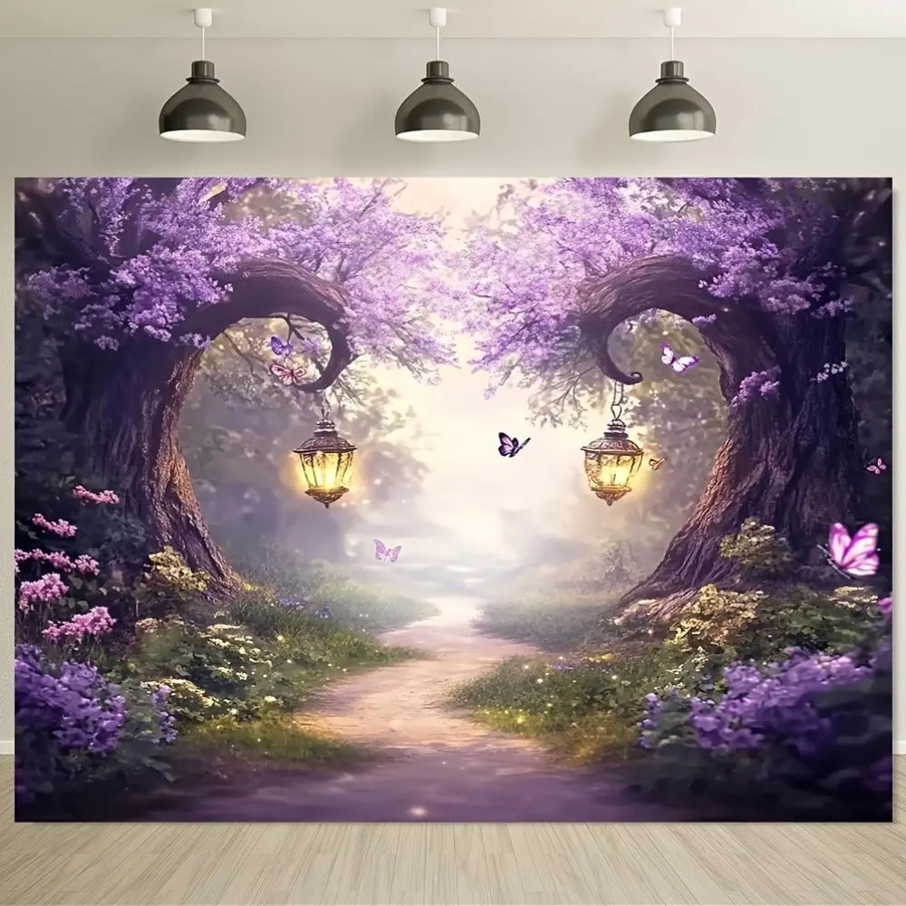 1pc 100% Polyester 2D Flat Enchanted Fairy Forest Photography Backdrop - White, Multiple Banners & Ornaments, No Electricity Needed, Versatile for Photo Booths, Weddings, Room Decor