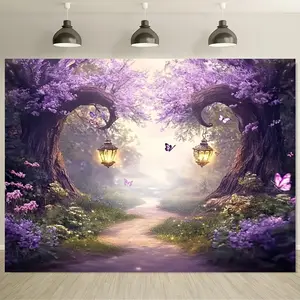 1pc 2D Flat Enchanted Fairy Forest Photography Backdrop, 100% Polyester, Versatile for Photo Booths, Birthdays, Weddings, Seasonal Decor, No Electricity Needed, Multiple Available Banners Ornaments White