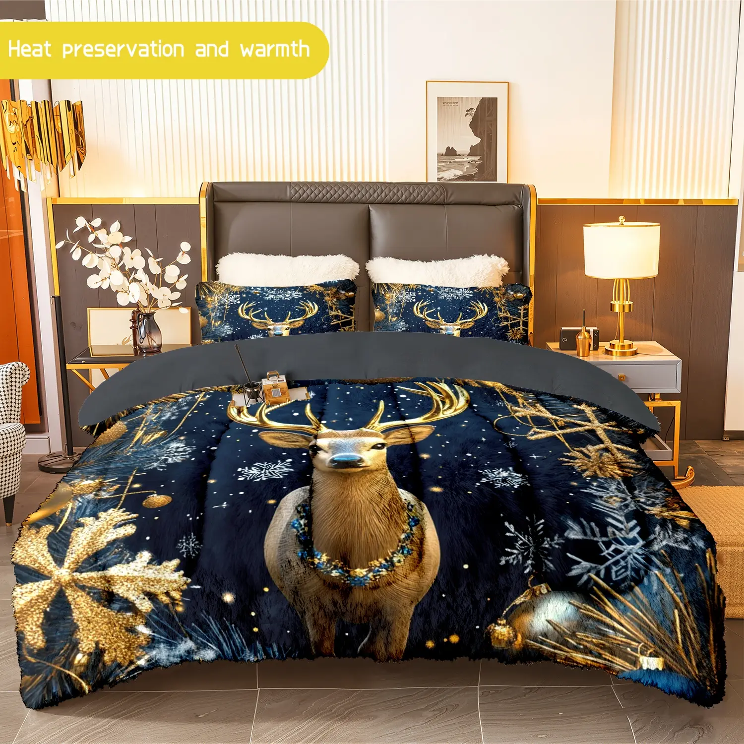 3pcs (1 comforter + 2 pillowcases) Christmas Reindeer Flannel & Milk Velvet Comforter Set, Soft Warm Cozy Bedding Set for Adults, Trendy Bedding Essentials