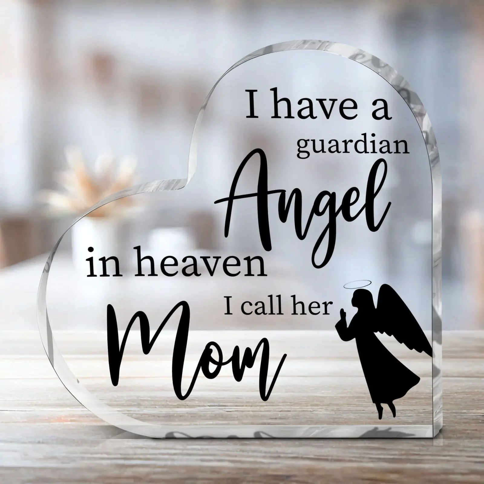 Heart Shaped Memorial Decor Sign, 1 Count Letter & Angel Pattern Clear Acrylic Condolence Gift, Memorial Angel Gift, Home Table Centerpiece Decoration, Acrylic Plaque Decor