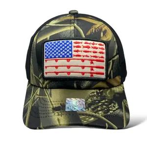 American USA Flag Embroidered Patch Camo Fishing Hat, Outdoor Cap, Pocket Patch, Curved Brim