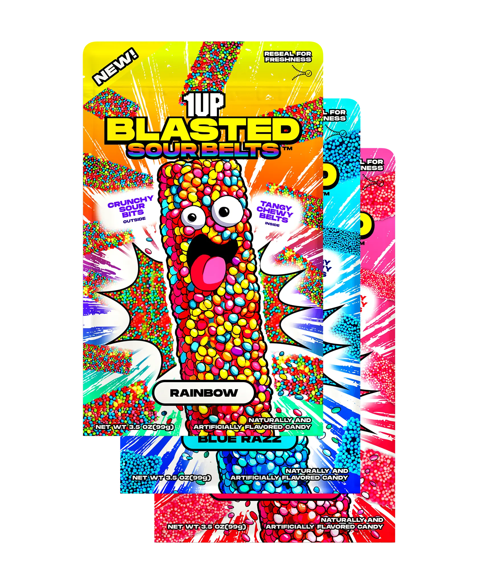 1UP Candy Blasted Sour Belts – Blasted Kit | Crunchy-Coated Sour Candy Variety Pack (3 Bags)