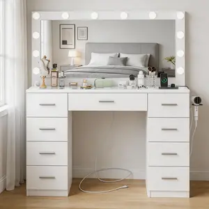 Large White Makeup Vanity Desk with Lighted Mirror, Glass Top, 9 Drawers, and Power Outlet – Indoor Dressing Table for Bedroom