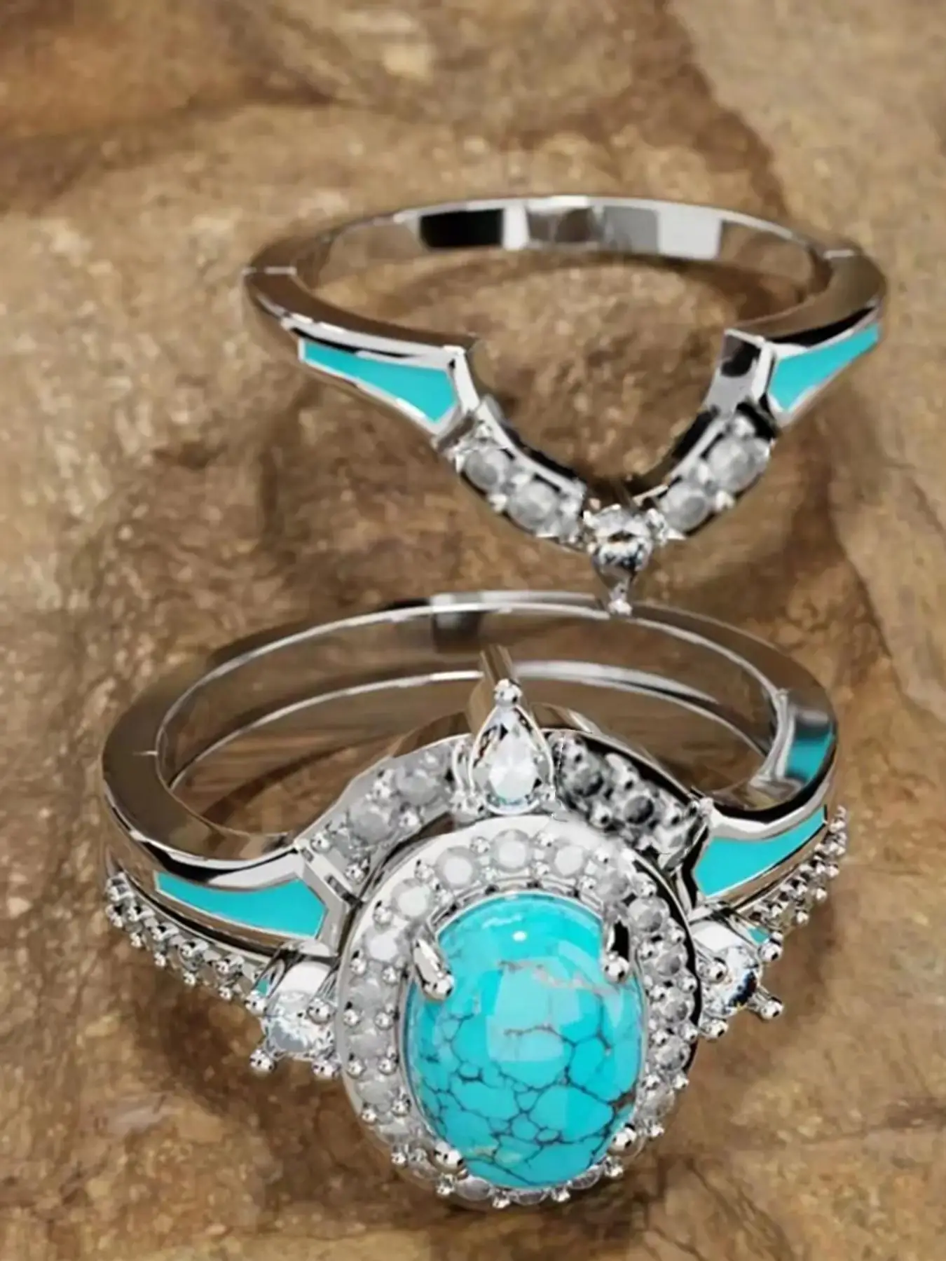 Fashion Boho Style Turquoise & Rhinestone Decor Rings, 3 Counts Temperament Rings, New Trend Hand Jewelry for Women & Men,fashion Jewelry for Party, D