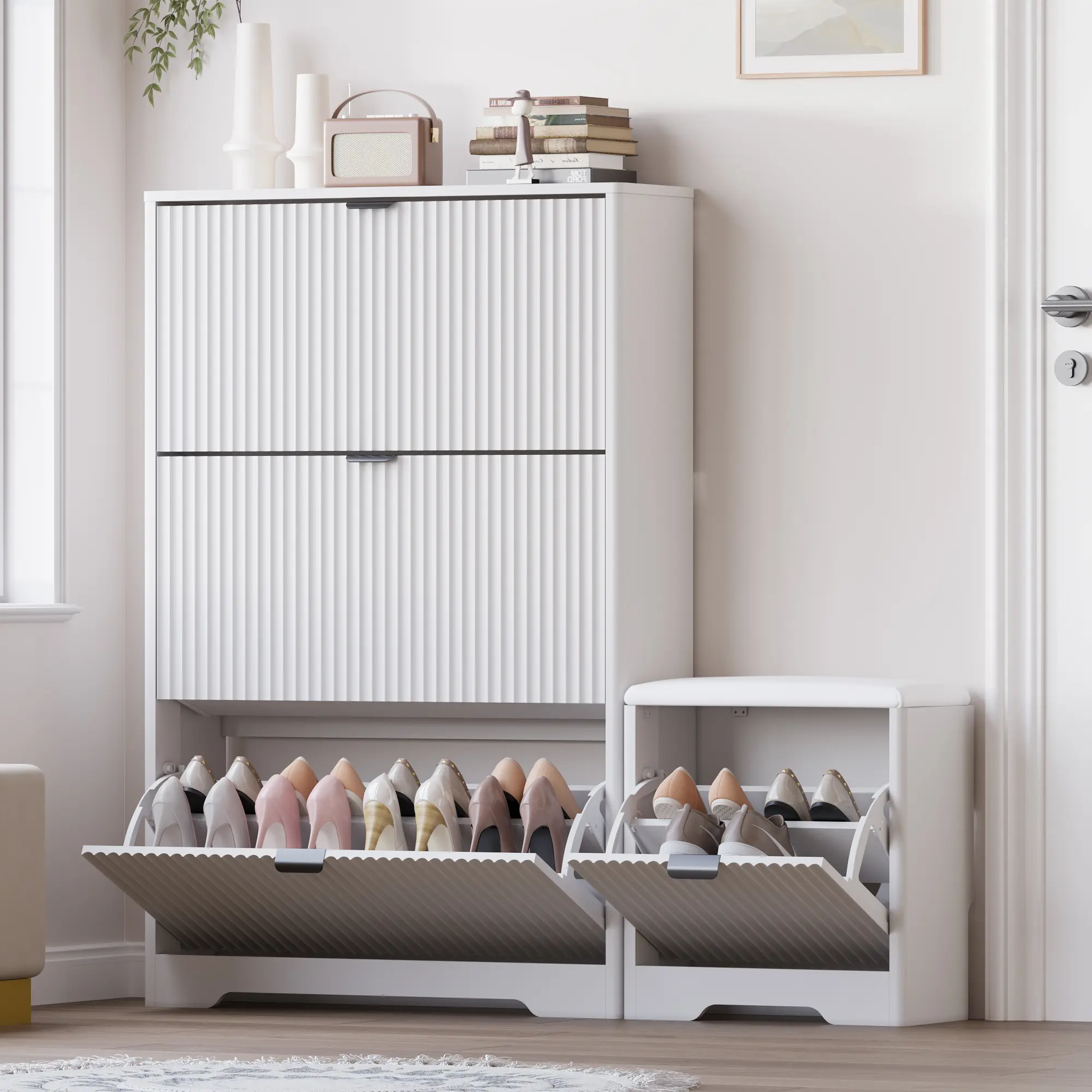 Natural Finish Shoe Rack Cabinet，Shoe Cabinet Storage for Entryway with 4 Flip Drawers, Oak Fluted Shoe Cabinet with Bench, Wooden Hidden Shoe Rack Freestanding Narrow Slim Shoes Storage Organizer for Hallway, Entrance fathers day gift ideas