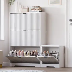 Natural Finish Shoe Rack Cabinet，Shoe Cabinet Storage for Entryway with 4 Flip Drawers, Oak Fluted Shoe Cabinet with Bench, Wooden Hidden Shoe Rack Freestanding Narrow Slim Shoes Storage Organizer for Hallway, Entrance