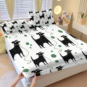 Minimalist Black Dog Fitted Sheet Set, 1 Fitted Sheet + 2 Pillowcases - 3 Piece Soft Breathable Deep Pocket Bedding, White Background Hand Drawn Dog with Green Leash & Polka Dots Bed Sheets for Bedroom Decor, Full Size