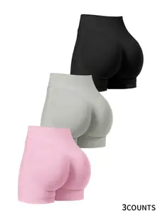 3-Piece Women's Seamless High-Waist Butt-Lift Gym Shorts Set, Stretchy Nylon Athletic Wear for Running & Exercising