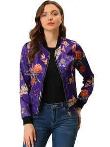 INSPIRE CHIC Stand Collar Zip Up Floral Print Bomber Jacket
