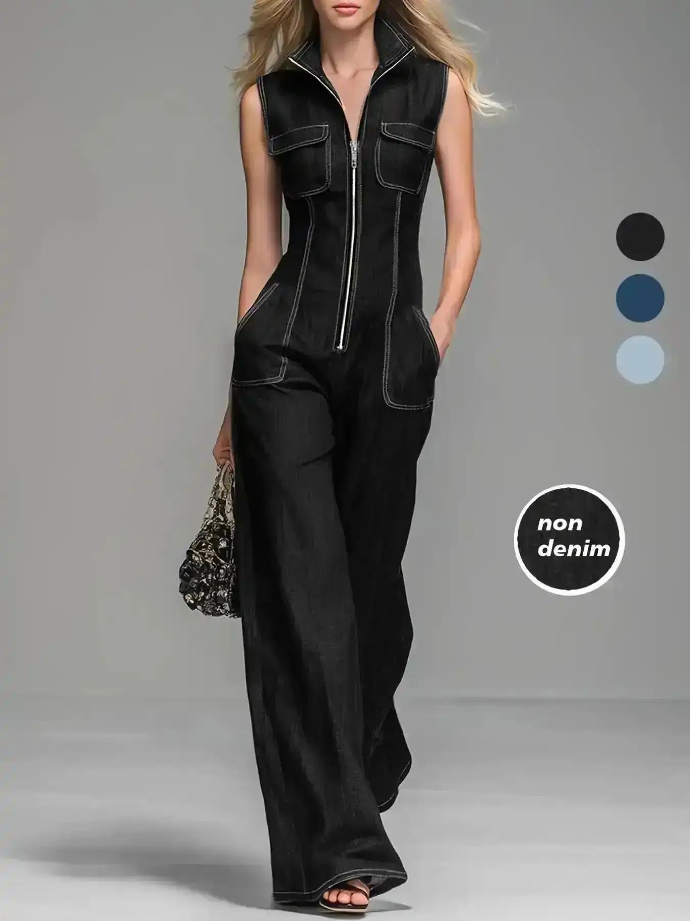 High Rise Skinny Jeans, Model Spring Summer Vintage Casual Denim Jumpsuit, Sleeveless Design, Wide Leg Pants, Slimming High Waist, Fashionable One-Piece, Comfy, Fashion, Loungewear, Travel Outfit, On The Go, Easy Wear