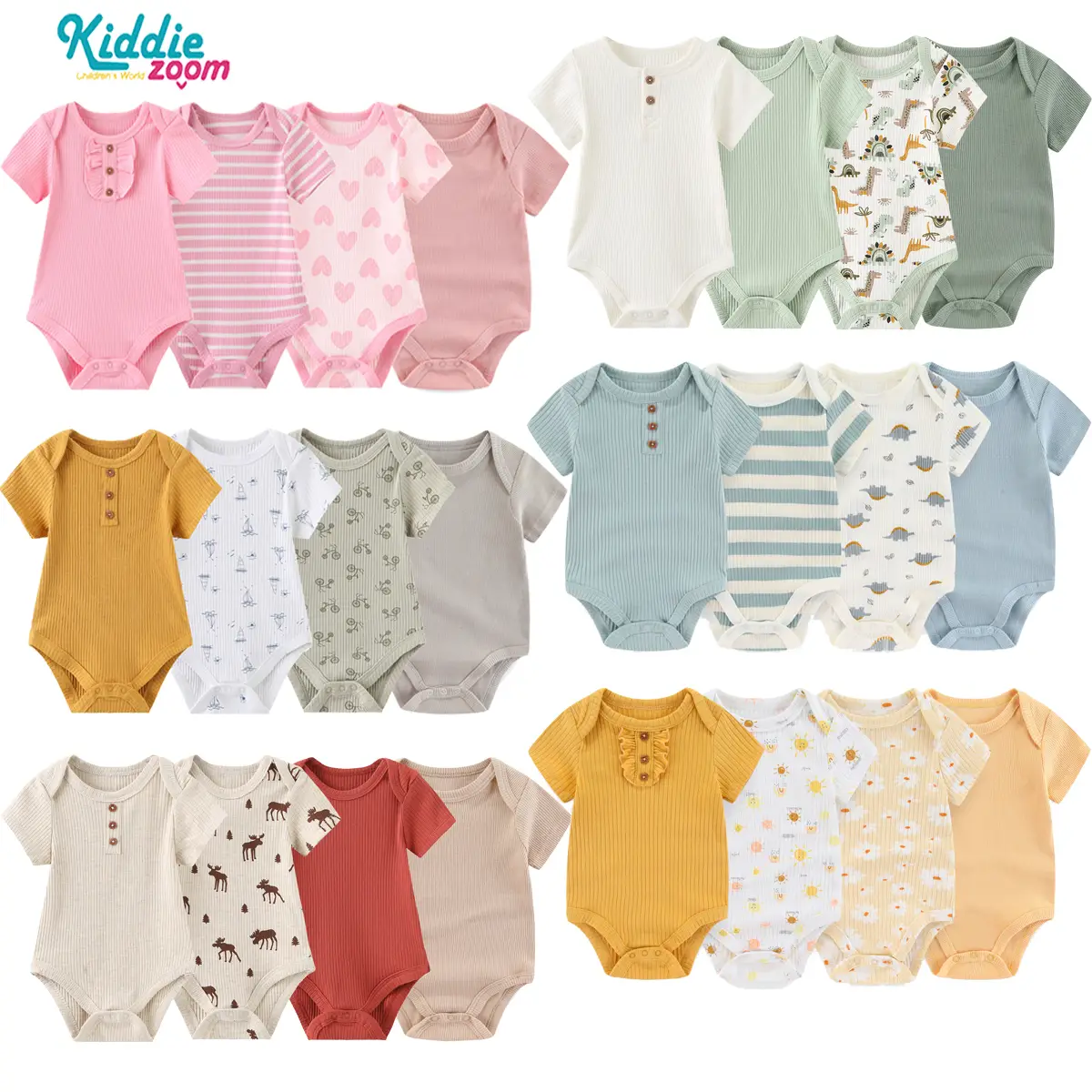 Newborn Baby Short Sleeve Bodysuit Cotton Soft and Comfortable 4-Piece Baby Clothes ,Suitable for 0-12 Months Baby Clothes