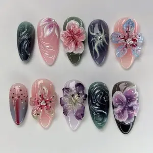 3D Flower Garden Press On Nails, Spring Fake Acrylic Nails, 3D Nails, Floral Nails, Prom Holiday Vacation Nail, Almond Nails, Reusable Nail