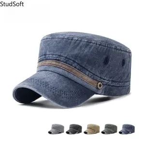Washed, Distressed Cotton Flat-Top Cap — Breathable, All-Cotton Buttoned Duckbill Hat for Young & Middle-Aged Men and Dads — Outdoor Sun Hat