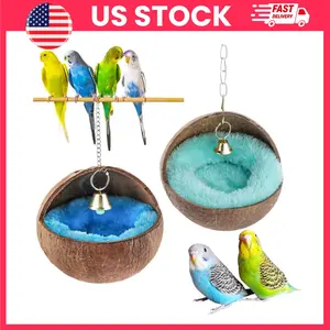 Bird Nest House, Coconut Shell Bird Nest Hut with Warm Pad and Bell, Hanging Bird Breeding Nest for Budgie Parakeet Cockatiel Conure Lovebird Canary Finch Small Birds, Natural Bird Cage Accessories Pet Shelter Spring Winter Supplies
