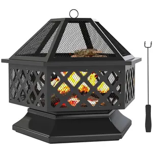 Outsunny 28" Outdoor Fire Pit Grill, Portable Wood Burning Firepit for Outside with Cooking Grate, Fire Poker, Spark Screen Lid, Steel Hexagon Fireplace for Patio Bonfire Backyard BBQ Camping Picnic