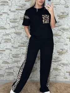 Plus Size Women's Casual Leopard Print Set, Comfortable T-shirt + Relaxed Pants, Perfect for Daily Outings