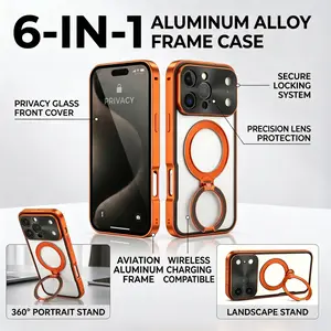 6-in-1 Phone Case Aluminum Alloy Frame for or iPhone 15、16、17 Pro Max | Metal Texture Anti-Peep Explosio Anti-Peep Explosion-Proof Drop Proof Scratch Resistant 360° Adjustable Stand MagSafe Compatible Buckle-Type One-Click Installation for Office Café