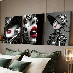 3 Counts Wooden Framed Canvas Painting, Cool Future Technology Cyber Robot Images, Exquisite Poster, Artwork, Perfect Gift, Decor For Living Room, Bedthroom, Modern Art, Fashion Family Poster, Wall Art Decoration