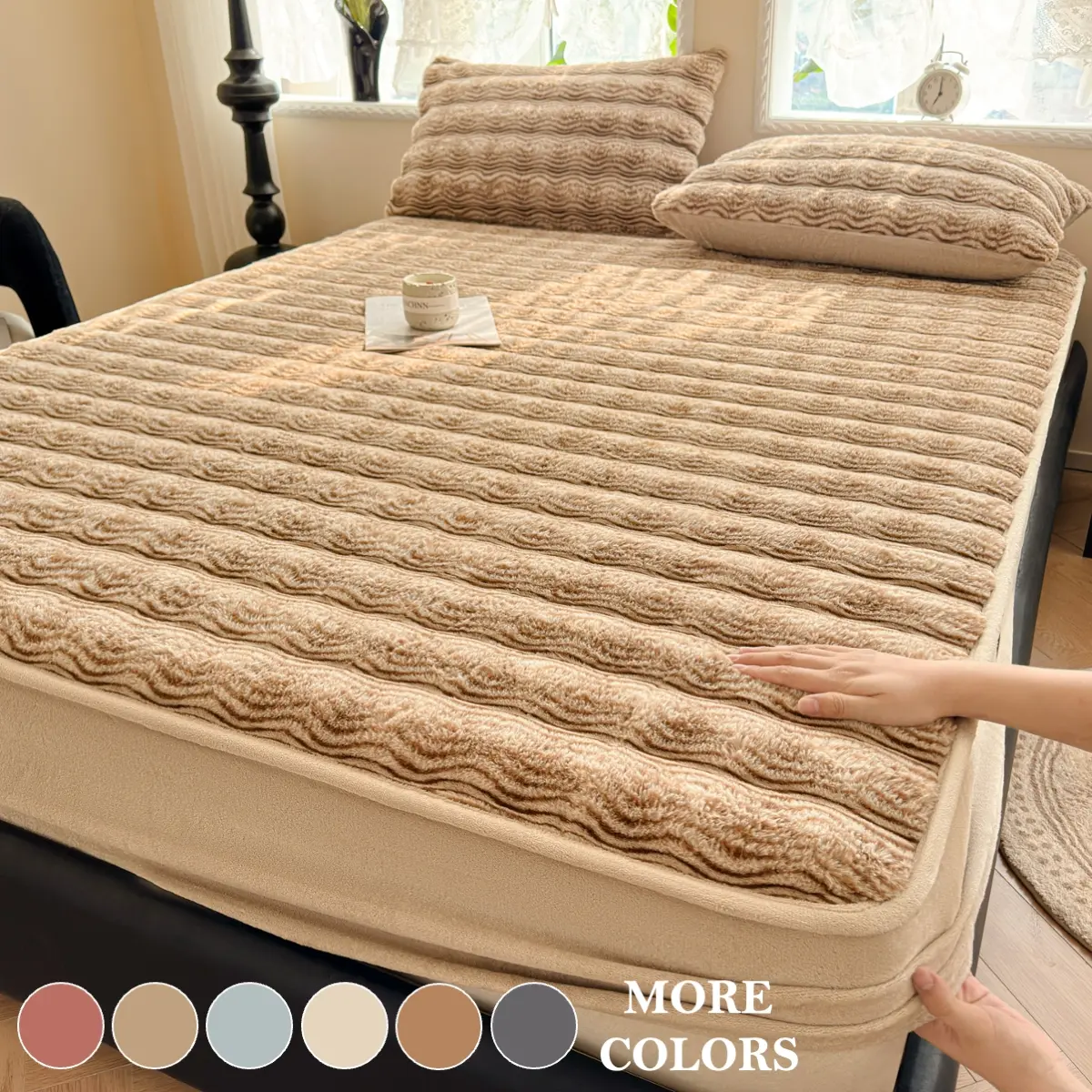 Faux Rabbit Fur Striped Fitted Sheet 3-Piece Set, Soft & Warm, Soft Comfy Polyester Bedding, Solid Color Bedsheet Sets (Includes 1 Fitted Sheet + 1/2 Pillowcases), All-Season Use, Perfect for Bedroom, Dorm, Fluffy & Cozy, Ideal Christmas Gift