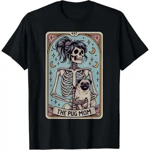 Humorous Skeleton Halloween Pug Mom Tarot Card Witchy Vibe T-Shirt
