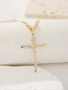 Men Women Jesus Cross Pendant Necklace, 14k Jewelry Gift, Religious Copper Material Accessory, Simple Fashion Design