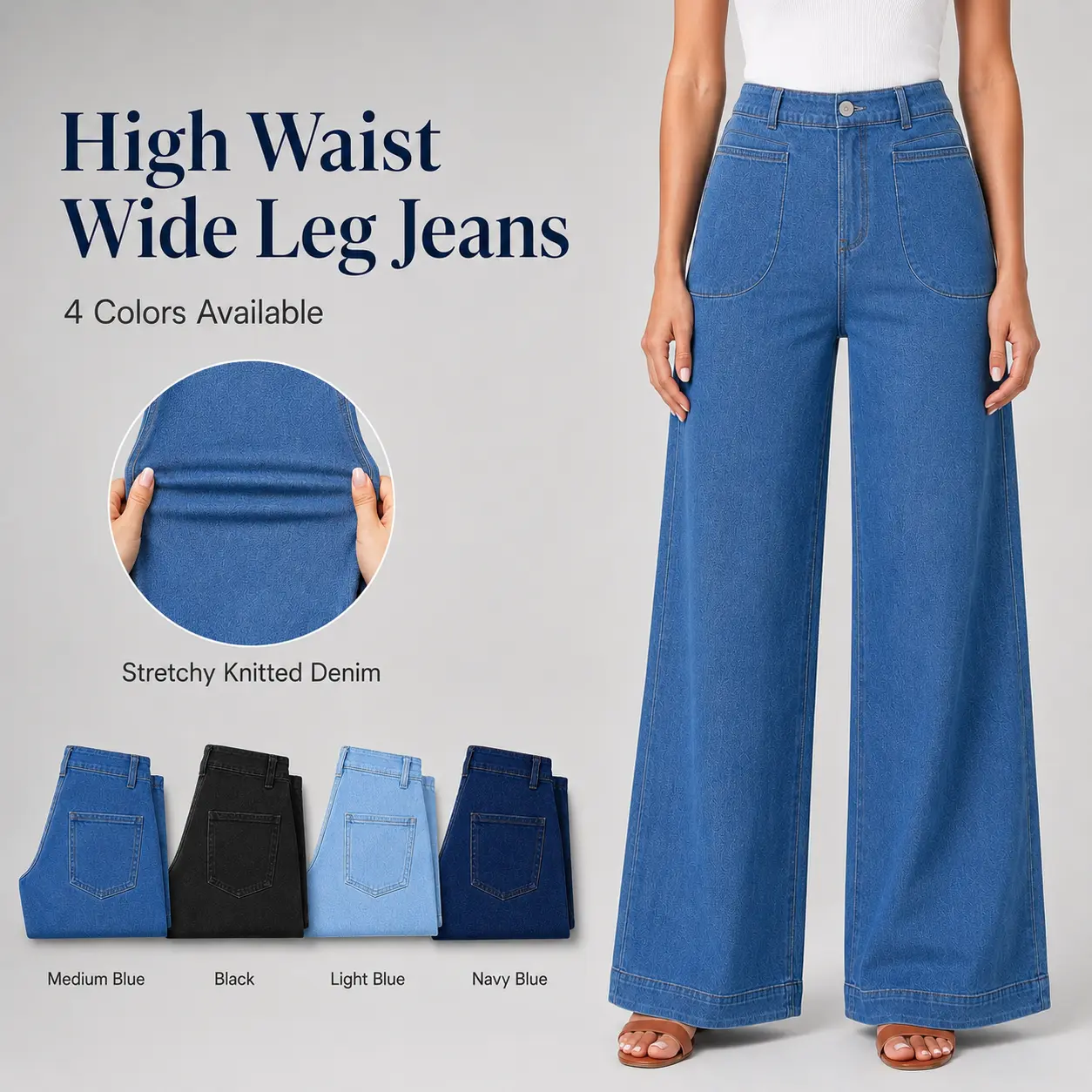 DLOODA Women's High-Waist Wide-Leg Jeans, Super Stretchy Loose Straight Leg Denim, Casual Baggy Ankle-Length Trousers with Pockets, Clothes, Baggy Wide Leg Jeans