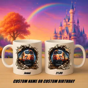 Personalized Train Mug with Custom Name or Date, 3D Locomotive Cracked Wall Design Ceramic Coffee Cup, Unique Custom Drinkware for Home, Office and Everyday Use | Gifts for Kids | Home Decor | Hot Chocolate | Drinks | Novelty Gifts | Office Mugs |